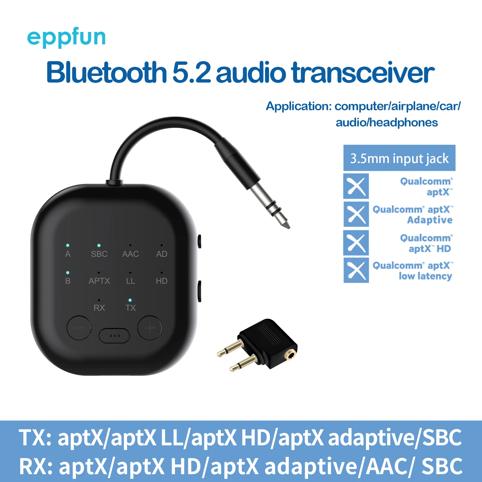 2-in-1 Bluetooth 5.2 Receiver Transmitter Adapter Hands-Free Calling 3.5mm Aux Audio Adapter For Flight TV Car Treadmill
2-in-1 Bluetooth 5.2 Receiver Transmitter Adapter Hands-Free Calling 3.5mm Aux Audio Adapter For Flight TV Car Treadmill