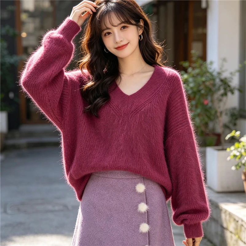 Fluffy Mink Cashmere Sweater Women Burgundy V Neck Long Sleeve Ribbed Knit Pullover Autumn Winter Warm Soft Casual Jumper Pull
Fluffy Mink Cashmere Sweater Women Burgundy V Neck Long Sleeve Ribbed Knit Pullover Autumn Winter Warm Soft Casual Jumper Pull