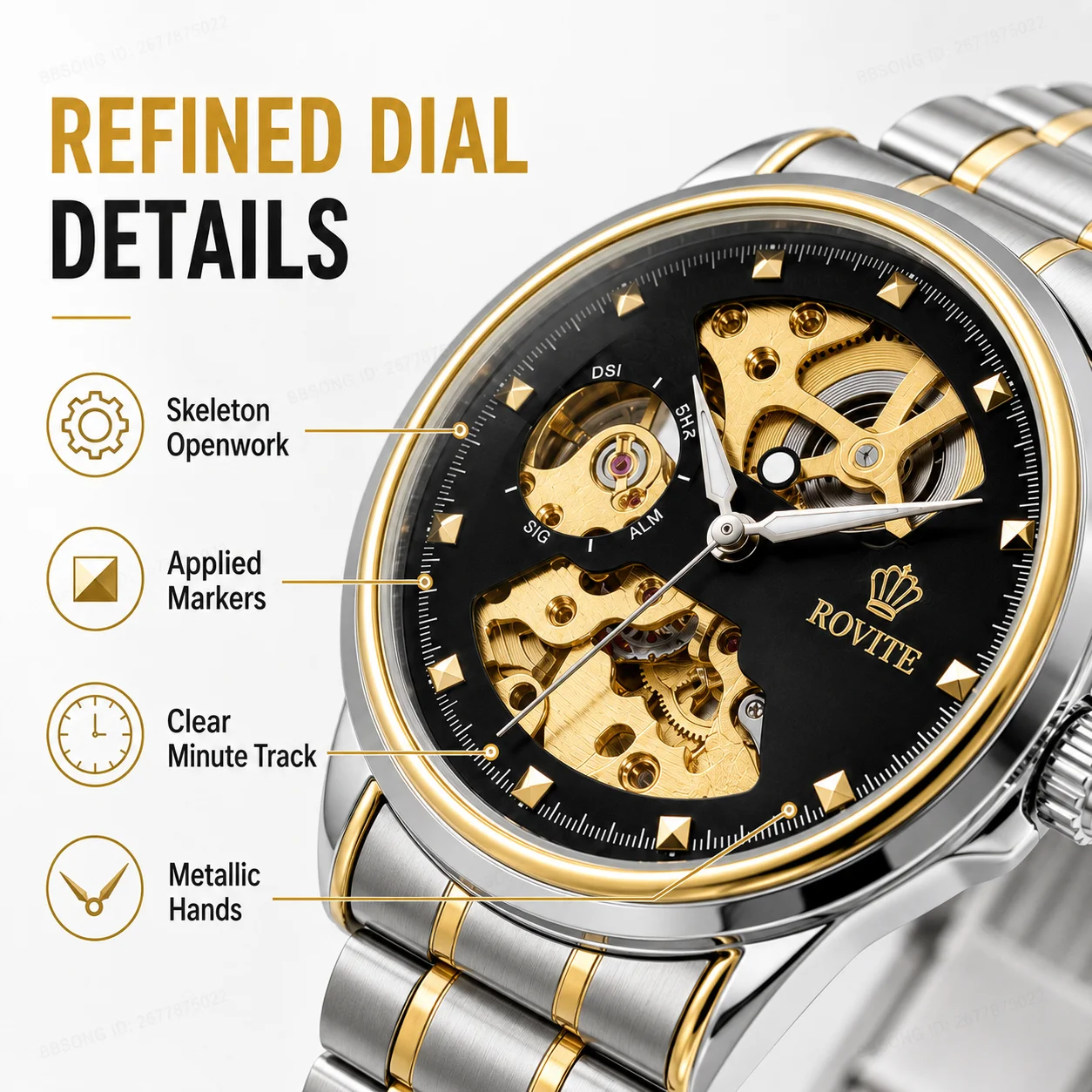 Men's Automatic Mechanical Watch Black Open Heart Dial Gold Bezel Two Tone Stainless Steel Bracelet Exhibition Back Wristwatch
Men's Automatic Mechanical Watch Black Open Heart Dial Gold Bezel Two Tone Stainless Steel Bracelet Exhibition Back Wristwatch