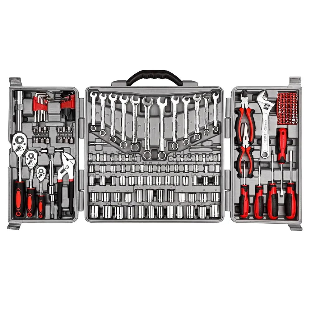 205 Piece Ratchet Wrench Tool Set 1/4"" & 3/8"" & 1/2"" Drive With Sae/Metric Sockets Kit In Plastic Toolbox
205 Piece Ratchet Wrench Tool Set 1/4"" & 3/8"" & 1/2"" Drive With Sae/Metric Sockets Kit In Plastic Toolbox