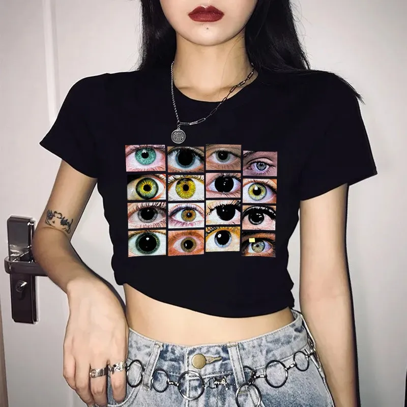 Vintage Eye Print Black Female T-shirt Short Sleeve O Neck Slim Tees American Streetwear Y2K Harajuku Gothic 90S Women Crop Tops
Vintage Eye Print Black Female T-shirt Short Sleeve O Neck Slim Tees American Streetwear Y2K Harajuku Gothic 90S Women Crop Tops
