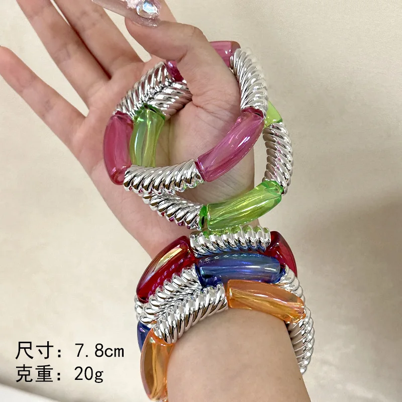 Fashion Round Colorful Acrylic Resin Bamboo Adjustable Cuff Bangle Metal Twist Tube Beads Charm Elastic Bracelet Summer Jewelry
Fashion Round Colorful Acrylic Resin Bamboo Adjustable Cuff Bangle Metal Twist Tube Beads Charm Elastic Bracelet Summer Jewelry