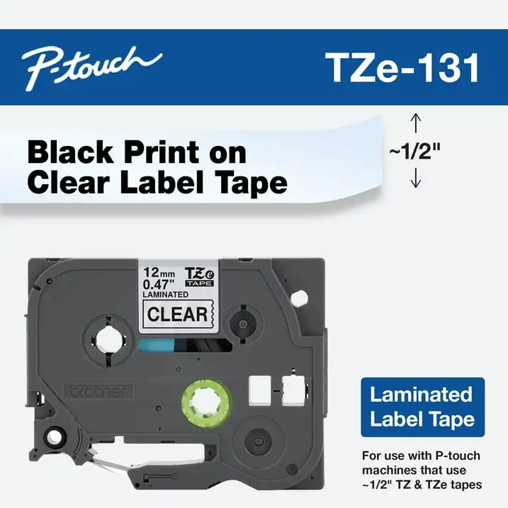 Brother P-Touch TZE131 Label Tape, 0.47" x 26.2', Black on Clear, Durable, Water-Resistant, Laminated
Brother P-Touch TZE131 Label Tape, 0.47" x 26.2', Black on Clear, Durable, Water-Resistant, Laminated