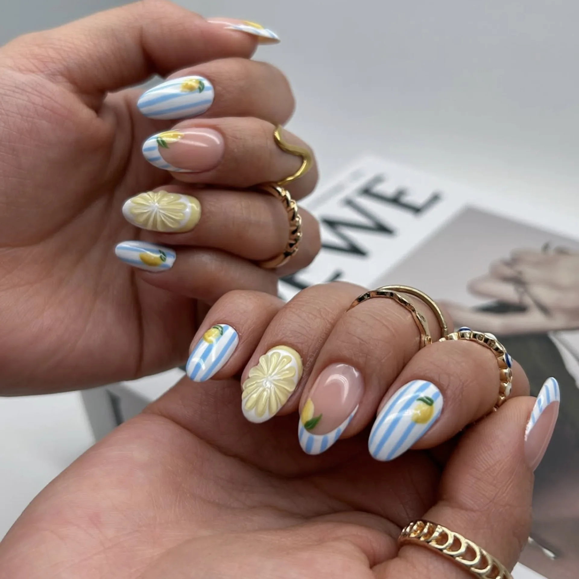 24PCS Lemon Stripe Press on Nails Cute Lemon Pattern False Nails Blue White Stripe Oval Acrylic Nail Tips for Summer Daily Nails
24PCS Lemon Stripe Press on Nails Cute Lemon Pattern False Nails Blue White Stripe Oval Acrylic Nail Tips for Summer Daily Nails