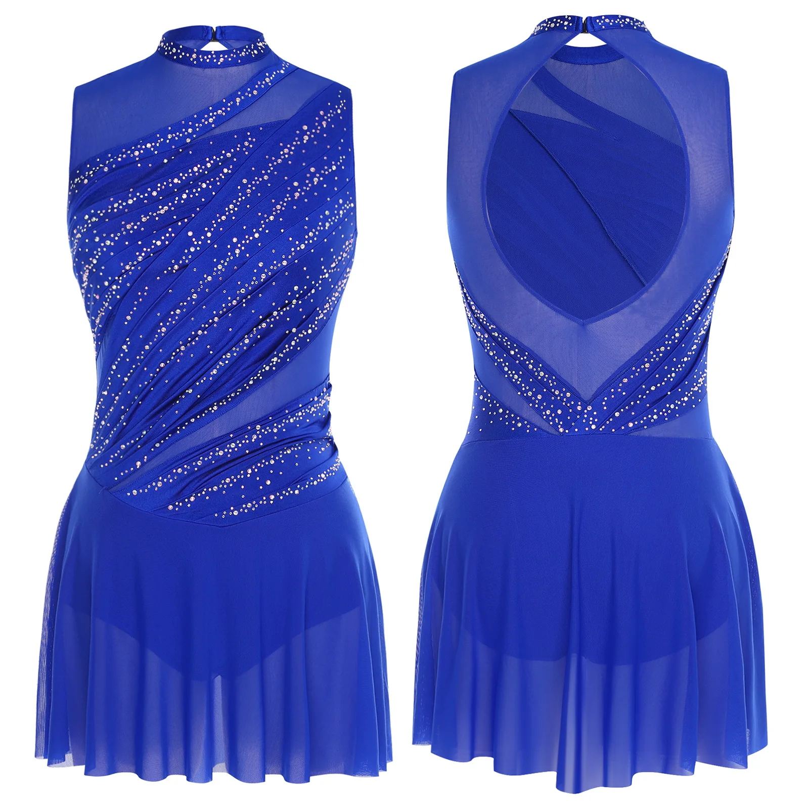 Women Rhinestones Ruched Dance Dress Round Collar Sleeveless Backless Lyrical Dancing Dress for Stage Performance Competition 
Women Rhinestones Ruched Dance Dress Round Collar Sleeveless Backless Lyrical Dancing Dress for Stage Performance Competition