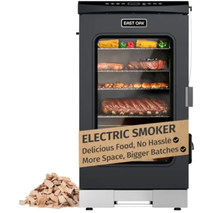 Outdoor electric smoker with stainless steel body, black finish, built-in meat probe, clear viewing window, side chip loader fo
Outdoor electric smoker with stainless steel body, black finish, built-in meat probe, clear viewing window, side chip loader fo