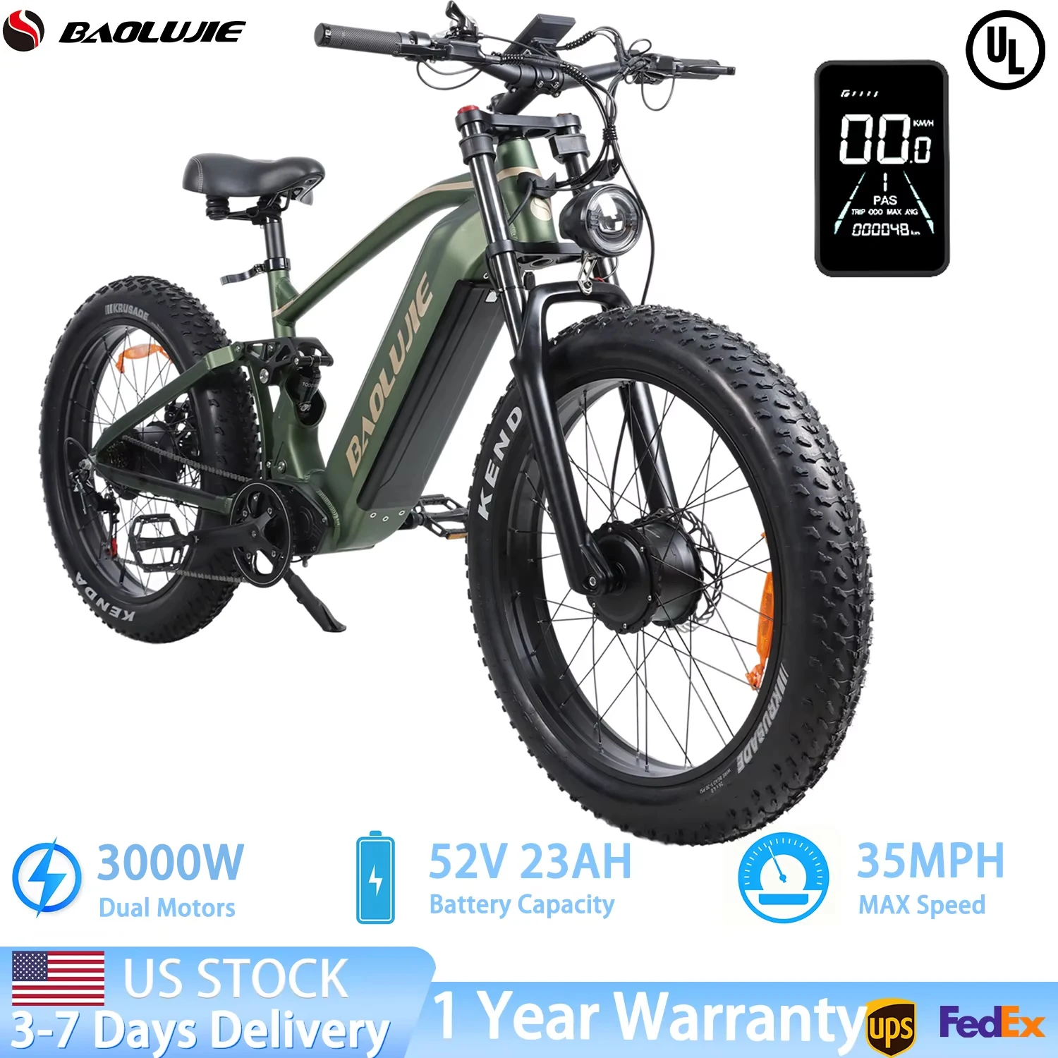BAOLUJIE P2 3000W Electric Bicycle Motor Electric Bike 26*4 Inches Tire Mountain E-bike 52V 23Ah Battery 55KM/H【1 Year Warranty】
BAOLUJIE P2 3000W Electric Bicycle Motor Electric Bike 26*4 Inches Tire Mountain E-bike 52V 23Ah Battery 55KM/H【1 Year Warranty】