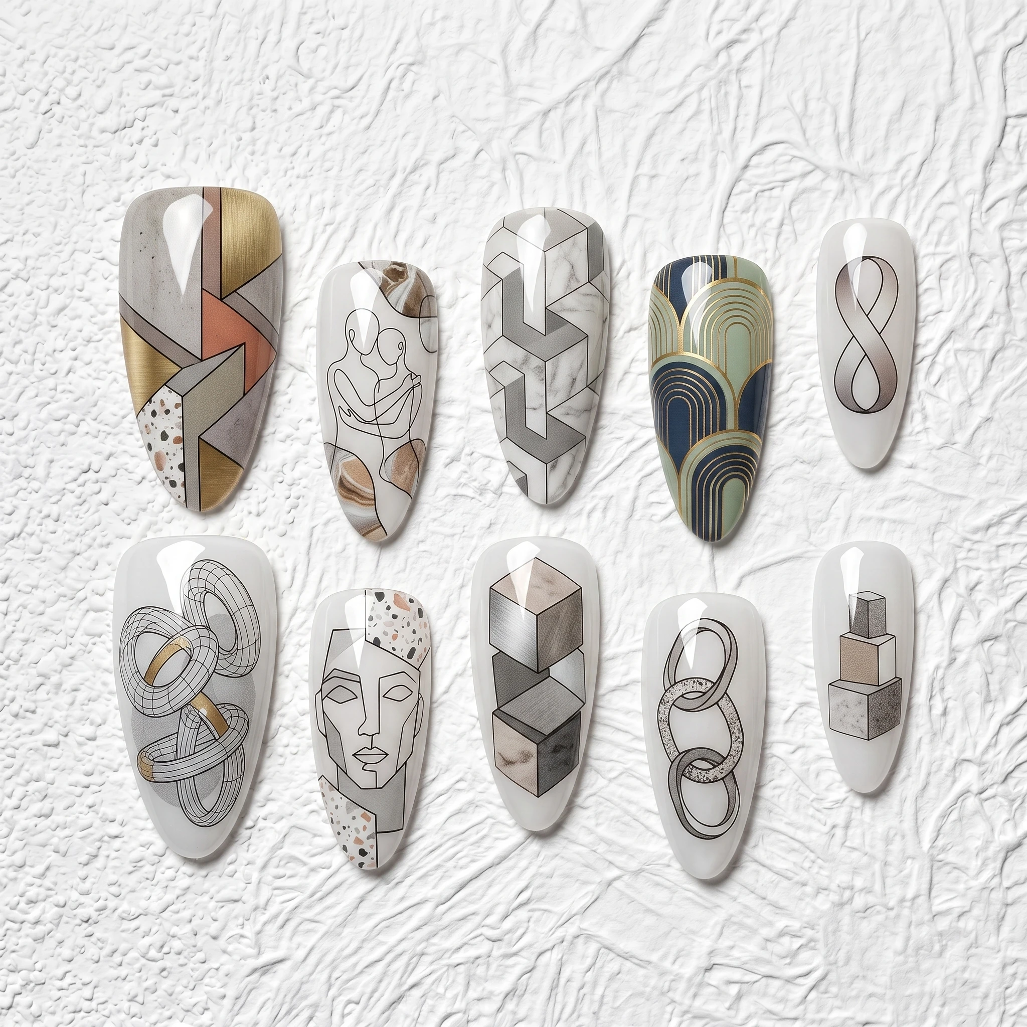 Artisan Handcrafted 10PCS Almond Press-On Nails | Geometric Line Art, 3D Cubes, Interlocking Rings & Metallic Accents, Bridal &
Artisan Handcrafted 10PCS Almond Press-On Nails | Geometric Line Art, 3D Cubes, Interlocking Rings & Metallic Accents, Bridal &