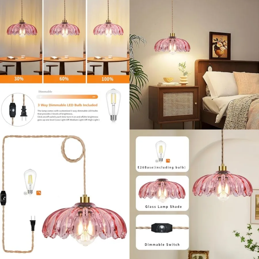 Pink Plug in Pendant Light Glass Hanging Lights with Plug in Cord Boho Hanging Lamp Gold Mid Century Modern Vintage Dimmable Fl
Pink Plug in Pendant Light Glass Hanging Lights with Plug in Cord Boho Hanging Lamp Gold Mid Century Modern Vintage Dimmable Fl