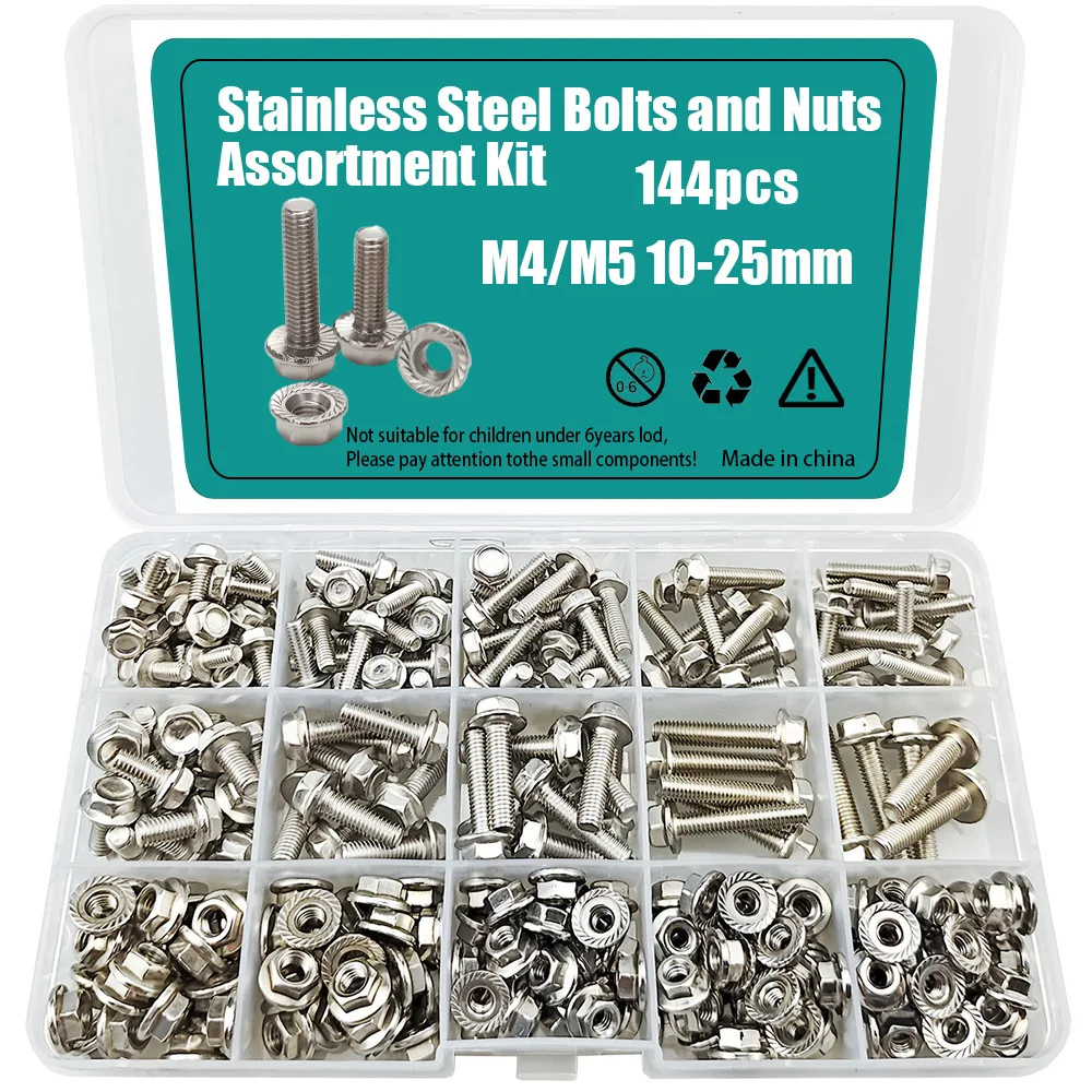 144-Piece 304 Stainless Steel Hex Flange Bolt and Nut Set, M4/M5, Length: 10mm, 12mm, 16mm, 20mm, 25mm
144-Piece 304 Stainless Steel Hex Flange Bolt and Nut Set, M4/M5, Length: 10mm, 12mm, 16mm, 20mm, 25mm