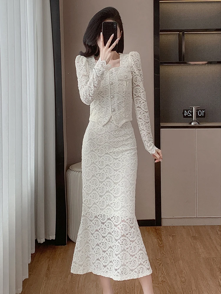 New Arrival Spring Women Lace Outfit Elegant Square Collar Tops Shirt And High Waist Mermaid Midi Skirt 2 Piece Set Formal Daily
New Arrival Spring Women Lace Outfit Elegant Square Collar Tops Shirt And High Waist Mermaid Midi Skirt 2 Piece Set Formal Daily