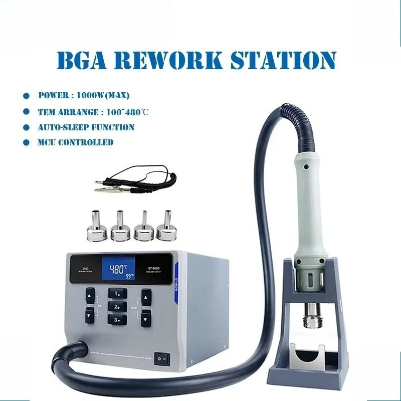 ST-862D lead-free hot air gun soldering station Intelligent digital display 1000W rework station For PCB chip repair
ST-862D lead-free hot air gun soldering station Intelligent digital display 1000W rework station For PCB chip repair