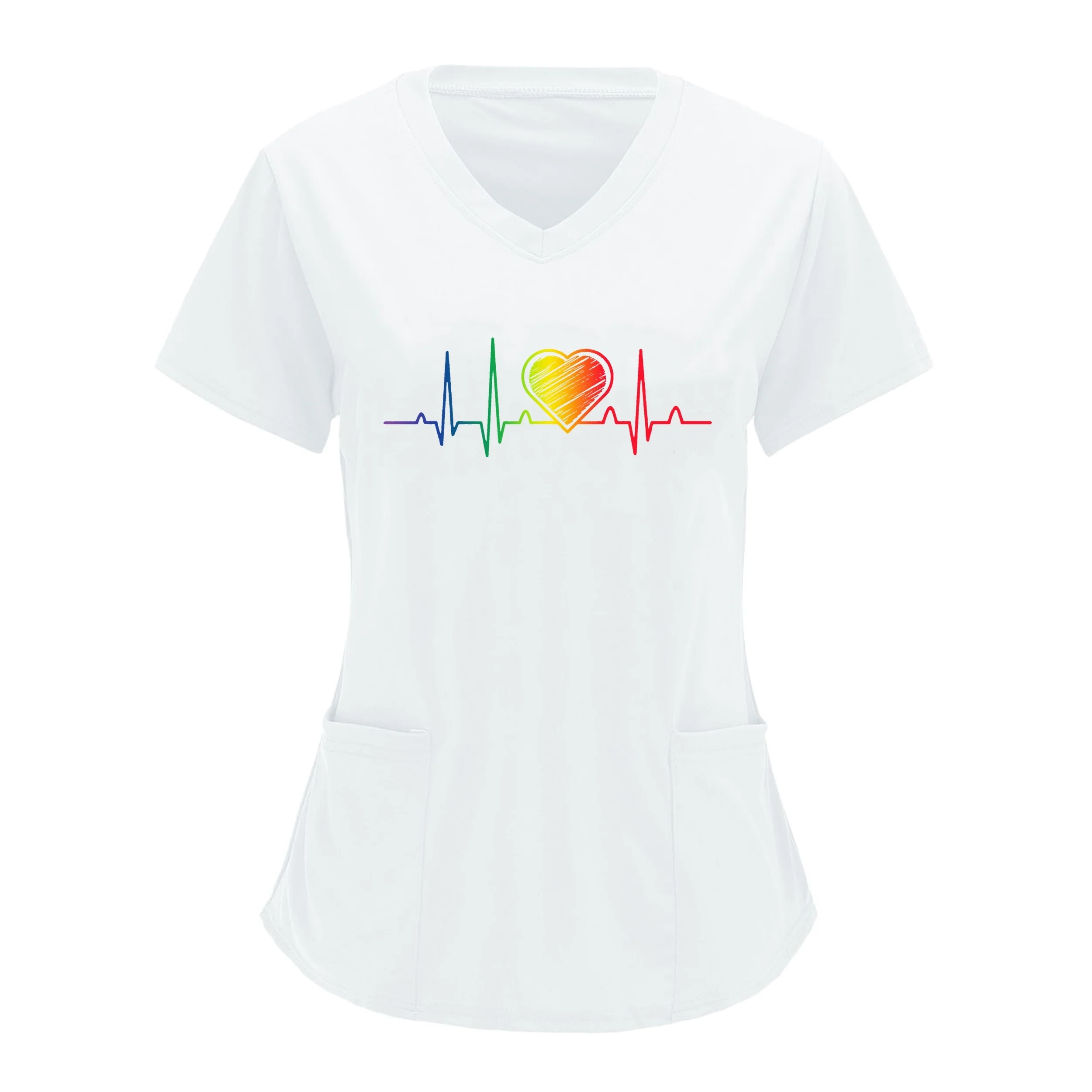 Heart print V-neck frosted T-shirt Elegant short-sleeved top for medical and health women's workwear
Heart print V-neck frosted T-shirt Elegant short-sleeved top for medical and health women's workwear