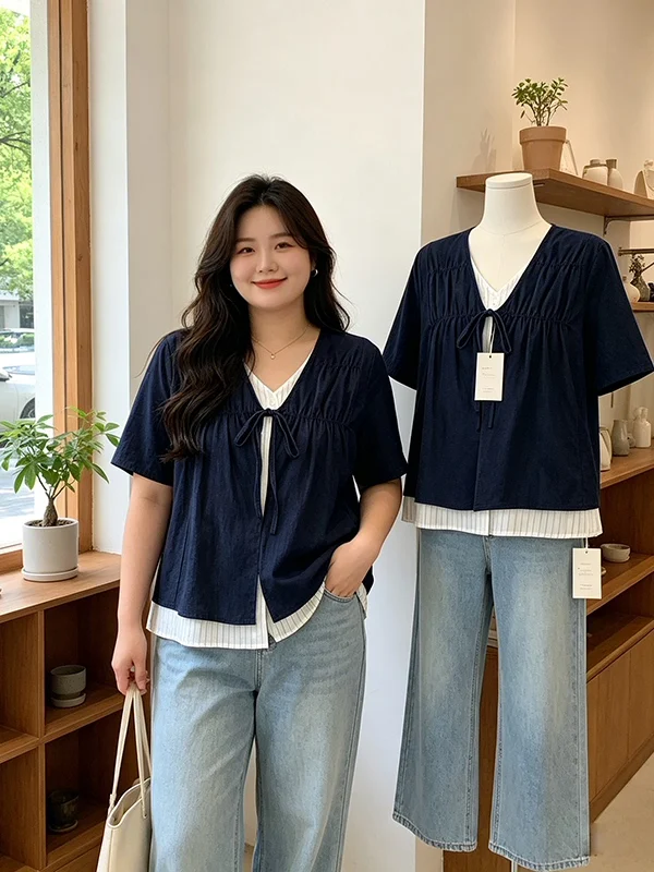 plus Size Women's Fashionable Summer Shirt V-Neck Short Sleeve Denim Patchwork Striped Fake Two-Piece Style Korean Commute Style
plus Size Women's Fashionable Summer Shirt V-Neck Short Sleeve Denim Patchwork Striped Fake Two-Piece Style Korean Commute Style