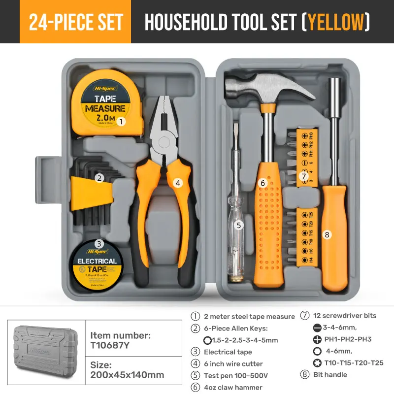 For Household Improvement Repairs Wire Cutter 24-Piece Compact Home & Office Yellow DIY Hand Tool Kit Set
For Household Improvement Repairs Wire Cutter 24-Piece Compact Home & Office Yellow DIY Hand Tool Kit Set