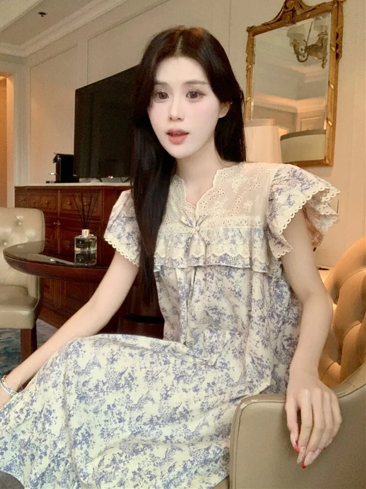 Summer Lace Trim Princess Style Short Sleeve Sleep Dress Women's Sweet Floral Print Midi Length Pajamas Home Clothes Set
Summer Lace Trim Princess Style Short Sleeve Sleep Dress Women's Sweet Floral Print Midi Length Pajamas Home Clothes Set