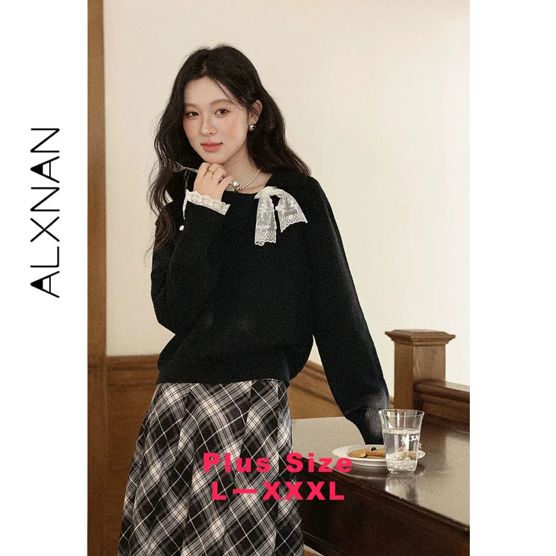 ALXNAN Plus Size Women's Black Sweater Fashion Lace Stitching Loose-fit Long Sleeve Pullover Casual Knitted Tops Female D13219
ALXNAN Plus Size Women's Black Sweater Fashion Lace Stitching Loose-fit Long Sleeve Pullover Casual Knitted Tops Female D13219