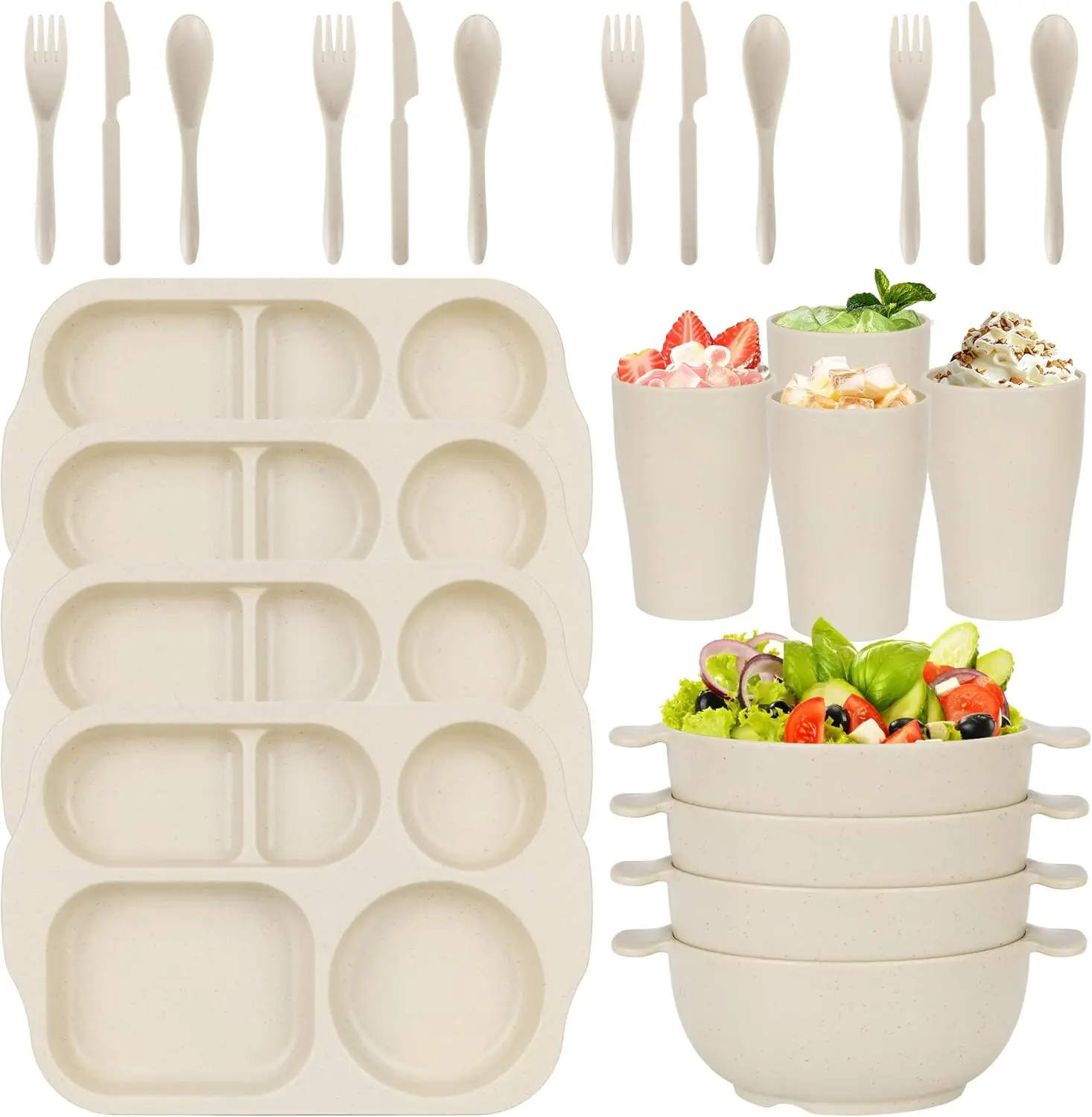 24PCS Wheat Straw Dinner Set for Kids, Divided Plates Bowls Cups Cutlery, Reusable Microwave Safe
24PCS Wheat Straw Dinner Set for Kids, Divided Plates Bowls Cups Cutlery, Reusable Microwave Safe