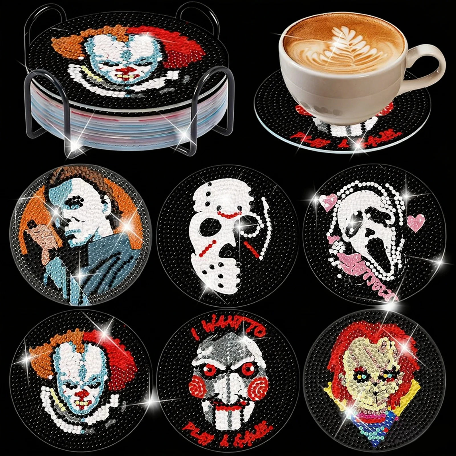 DIY Rhinestone Horror Skull Coaster Set With Holder, Halloween Nightmare Handmade Diamond Painting Cup Mat, Gothic Table
DIY Rhinestone Horror Skull Coaster Set With Holder, Halloween Nightmare Handmade Diamond Painting Cup Mat, Gothic Table