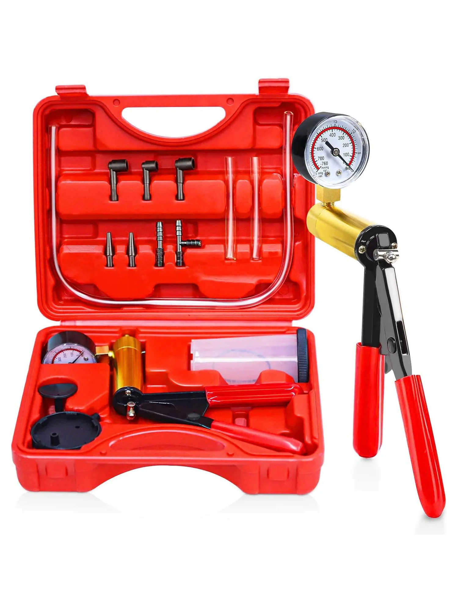 Hand Held Vacuum Pump Tester Set Vacuum Gauge and Brake Bleeder Kit for Automotive with Adapters Case
Hand Held Vacuum Pump Tester Set Vacuum Gauge and Brake Bleeder Kit for Automotive with Adapters Case
