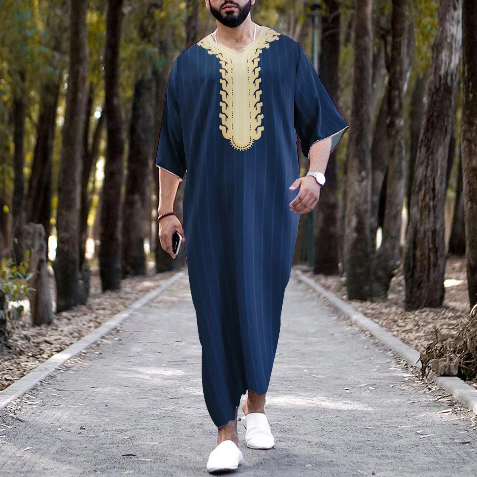Male Casual Muslim Striped Printed Robe V Neck Middle Sleeve Split Hem Blouse Robe Men's Blouse Stripe Fashion Men's Muslim Robe
Male Casual Muslim Striped Printed Robe V Neck Middle Sleeve Split Hem Blouse Robe Men's Blouse Stripe Fashion Men's Muslim Robe