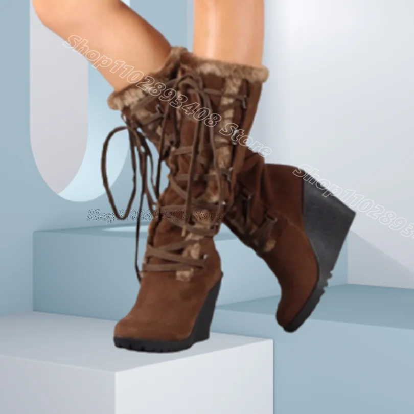 Brown Wedges Heels Fur Boots Round Toe Lace up Flock Spring British Style Outdoor Sexy Stylish Boots 2025 Zapatos Para Mujere
Brown Wedges Heels Fur Boots Round Toe Lace up Flock Spring British Style Outdoor Sexy Stylish Boots 2025 Zapatos Para Mujere