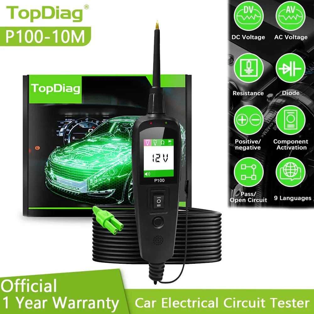 TopDiag P100 24V 12V Car Circuit Probe Tester Pen Voltage Resistant Test Battery Scanner Auto Diagnostic Tools with 10M Cord
TopDiag P100 24V 12V Car Circuit Probe Tester Pen Voltage Resistant Test Battery Scanner Auto Diagnostic Tools with 10M Cord