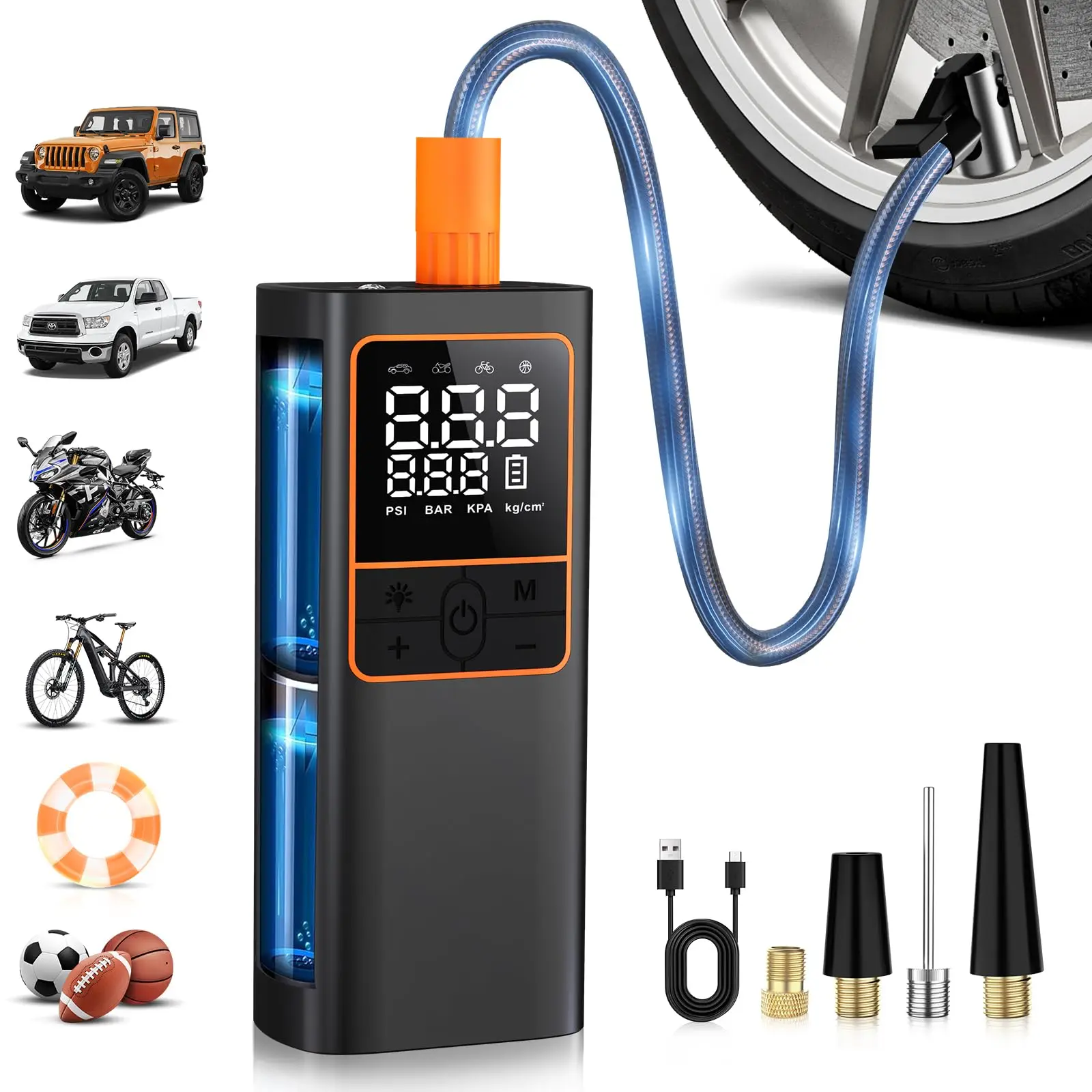 Tire Inflator Portable Air Compressor- 150PSI & 20000mAh Cordless Air Pump with Digital Tire Pressure Gauge, Power Bank
Tire Inflator Portable Air Compressor- 150PSI & 20000mAh Cordless Air Pump with Digital Tire Pressure Gauge, Power Bank