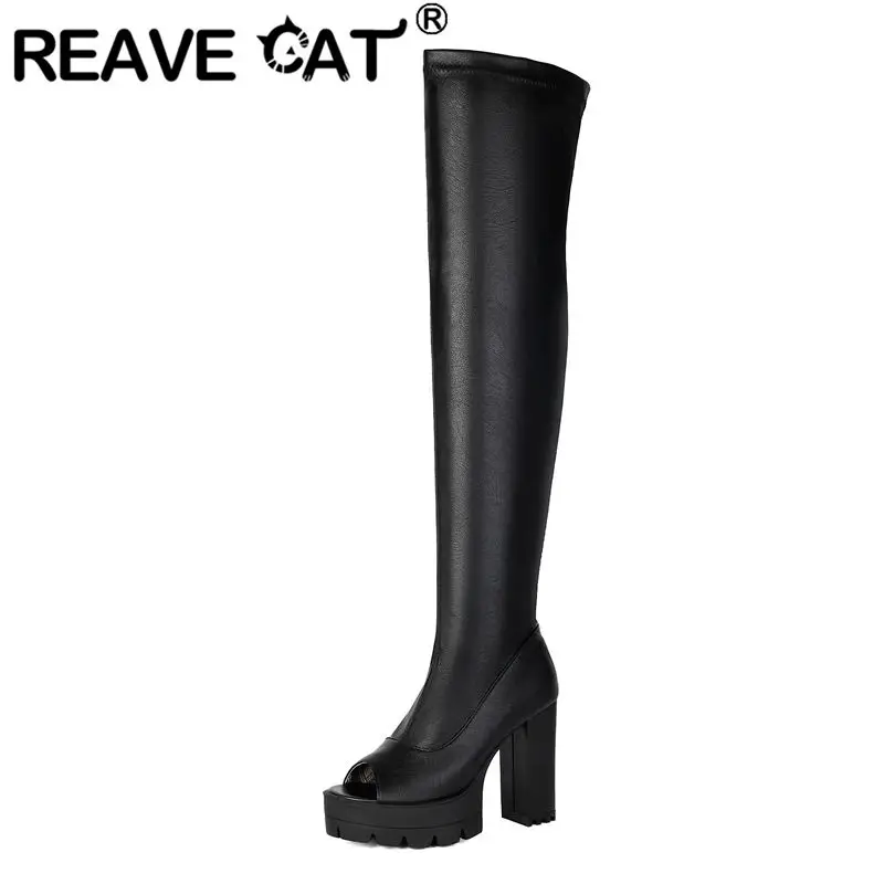 REAVE CAT Black Thigh Boots Peep Toe 11cm Block Heeled 4cm Platform Zipper Plus Size 43 44 45 46 Sexy Party Stretch Botas Shoes
REAVE CAT Black Thigh Boots Peep Toe 11cm Block Heeled 4cm Platform Zipper Plus Size 43 44 45 46 Sexy Party Stretch Botas Shoes