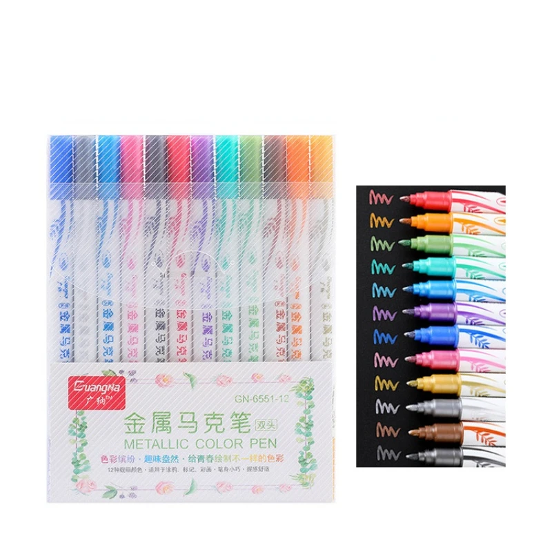 New Double-headed Soft and Hard Metal Pen 12-color Set DIY Black Card Smear Decorative Water-based Pearlescent Marker
New Double-headed Soft and Hard Metal Pen 12-color Set DIY Black Card Smear Decorative Water-based Pearlescent Marker