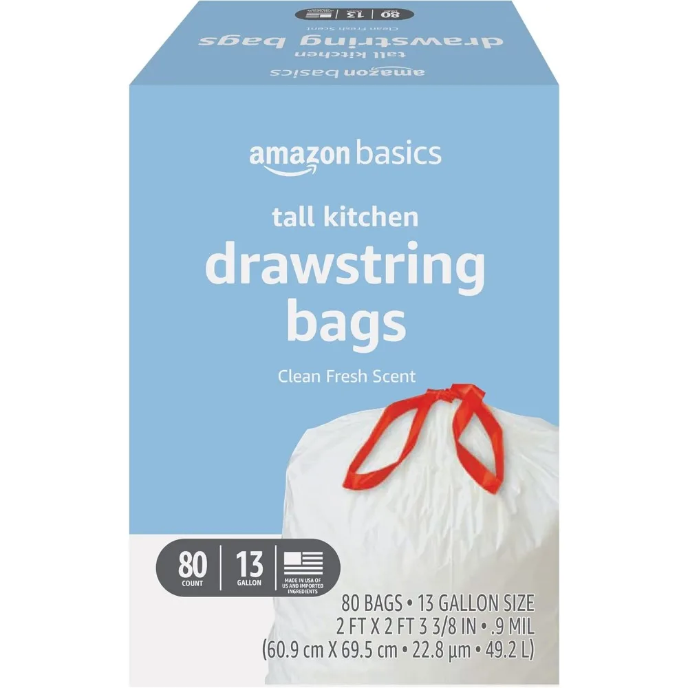 Tall Kitchen Drawstring Trash Bags, Fresh Scent, 13 Gallon, 80 Count - Durable & Convenient
Tall Kitchen Drawstring Trash Bags, Fresh Scent, 13 Gallon, 80 Count - Durable & Convenient