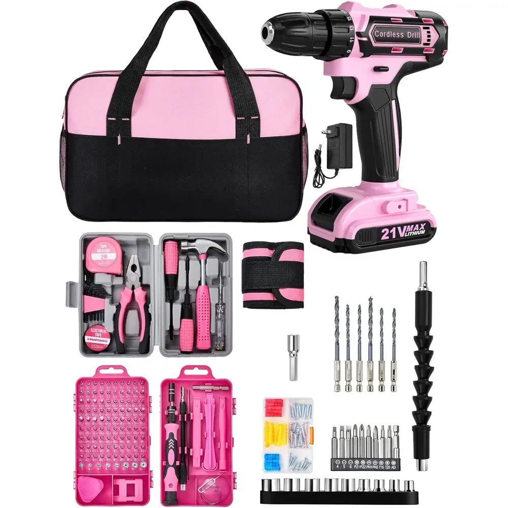 21V Pink Power Drill Set, 215-Piece Tool Kit with Storage Bag, Ideal for Women and DIY Projects
21V Pink Power Drill Set, 215-Piece Tool Kit with Storage Bag, Ideal for Women and DIY Projects