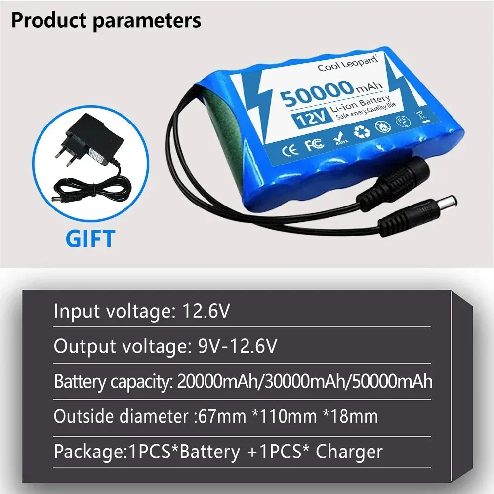 Original new portable 12V battery,50000mAh rechargeable lithium-ion 18650 battery pack, DC 12.6V charger, CCTV audio amplifier+
Original new portable 12V battery,50000mAh rechargeable lithium-ion 18650 battery pack, DC 12.6V charger, CCTV audio amplifier+