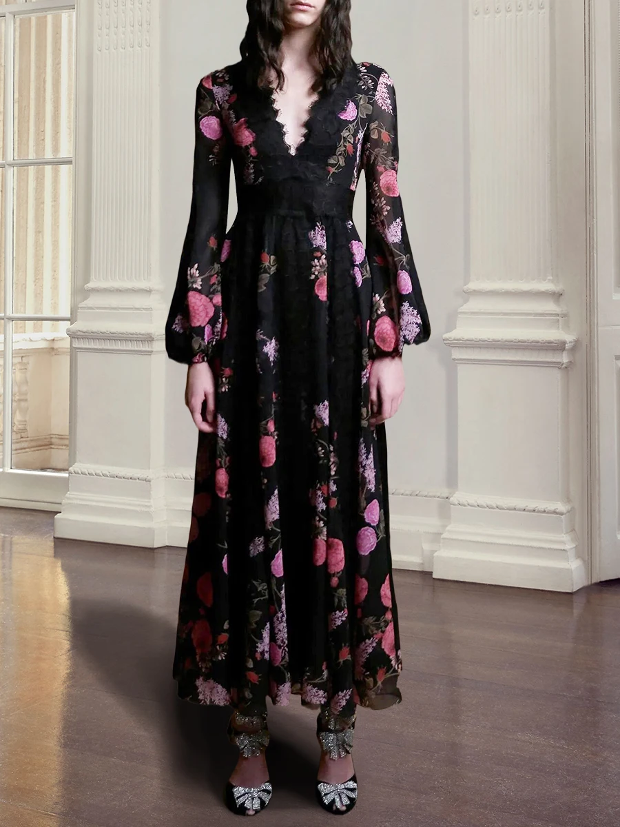 Black Lace Dress Women Female Spring Autumn Casual V Neck Floral Print Lantern Sleeve Long Dress Sexy Party Club
Black Lace Dress Women Female Spring Autumn Casual V Neck Floral Print Lantern Sleeve Long Dress Sexy Party Club