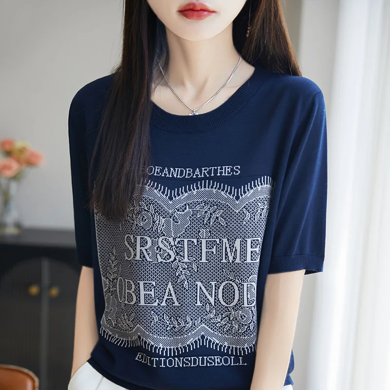 Summer new 100% Lyocell women's T-shirt high-end luxury knitted embroidery O-neck short sleeved loose top jacquard pullover
Summer new 100% Lyocell women's T-shirt high-end luxury knitted embroidery O-neck short sleeved loose top jacquard pullover