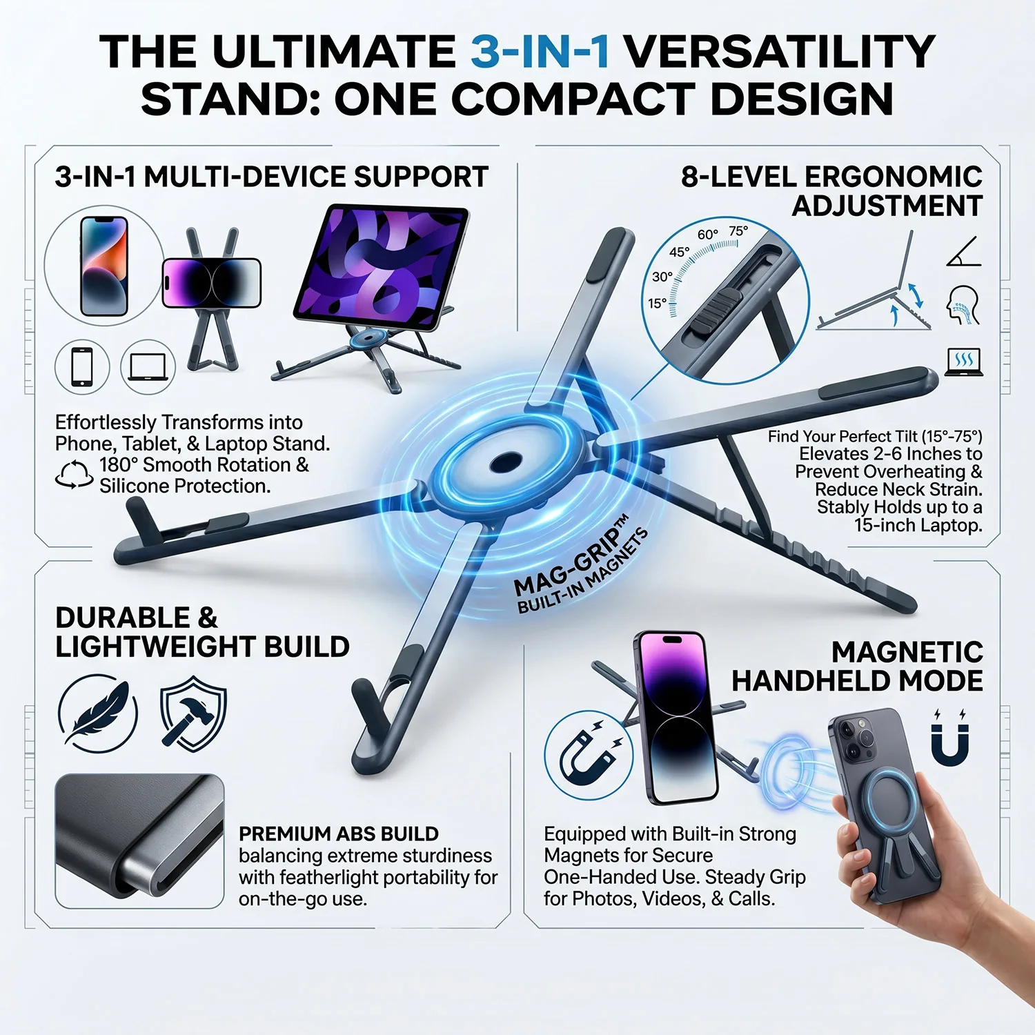 ABS Phone And Laptop Stand with Magnetic Base And 8-Position Height Adjustment, Suitable for Ipad And Mobile Phones
ABS Phone And Laptop Stand with Magnetic Base And 8-Position Height Adjustment, Suitable for Ipad And Mobile Phones