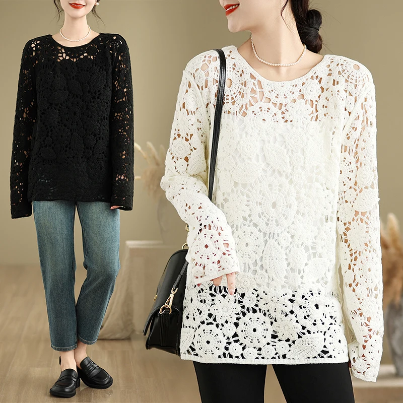 Spring Summer plus Size Casual Long Sleeve T-Shirt Hollow out Hook Flower Loose Fit round Neck Sunshade Cover up Versatile
Spring Summer plus Size Casual Long Sleeve T-Shirt Hollow out Hook Flower Loose Fit round Neck Sunshade Cover up Versatile