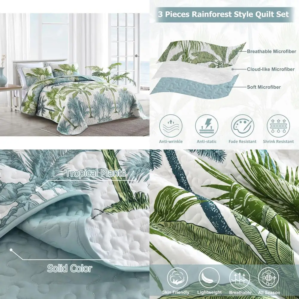 King Size Tropical Plants Quilt Set: 3-Piece Green & Blue Palms, Botanical Bedspread, Rainforest-Inspired Bedding, Soft & Lightw
King Size Tropical Plants Quilt Set: 3-Piece Green & Blue Palms, Botanical Bedspread, Rainforest-Inspired Bedding, Soft & Lightw