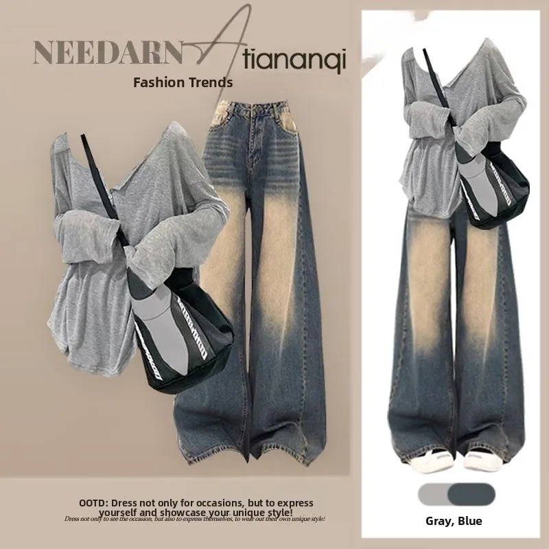 Spring New Lazy Tassel Bot irt Top Outerwear Vintage High Waist Loose Jeans Two Piece Set Women's Faion Cotton Suit
Spring New Lazy Tassel Bot irt Top Outerwear Vintage High Waist Loose Jeans Two Piece Set Women's Faion Cotton Suit