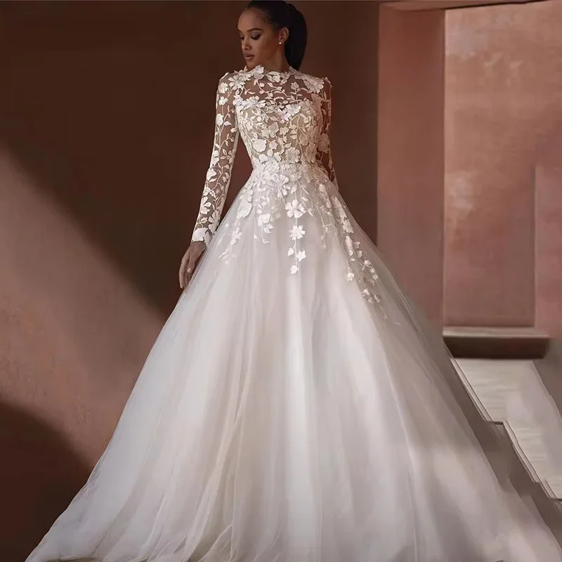Customized Classic Wedding Dress For Woman Long Sleeve Backless Bride Gowns Civil A-Line Tulle Applique vestido noiva boho
Customized Classic Wedding Dress For Woman Long Sleeve Backless Bride Gowns Civil A-Line Tulle Applique vestido noiva boho