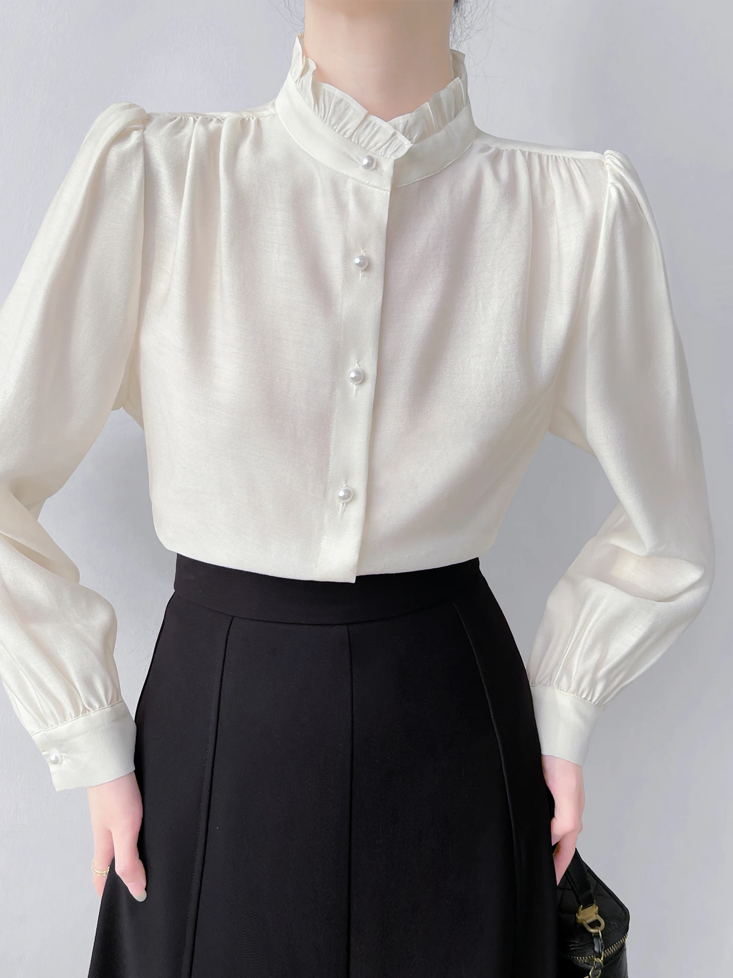 Korean Sle Long Sve Stand Collar irt Women's Commute OL irt Wood ain Ruche Detail Loose Fit Polyester Blend
Korean Sle Long Sve Stand Collar irt Women's Commute OL irt Wood ain Ruche Detail Loose Fit Polyester Blend