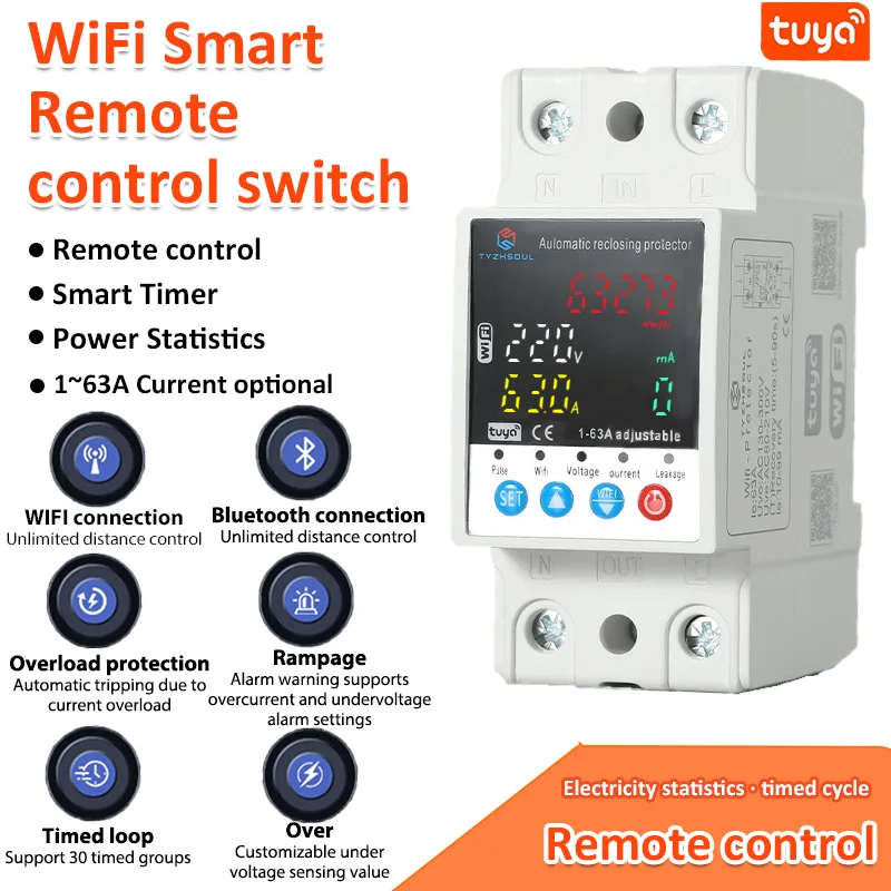 63A Tuya Smart WiFi Circuit Breaker 220V Voltage Protector With Remote Control/Voice Control/Intelligent Timing/Power Statistics
63A Tuya Smart WiFi Circuit Breaker 220V Voltage Protector With Remote Control/Voice Control/Intelligent Timing/Power Statistics