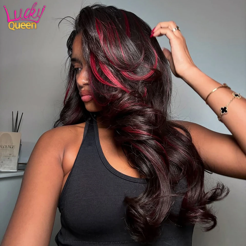 5X5 Black Highlight Burgundy 180 Density Pre Plucked Human Hair Front Closure Wigs P1B/Red For Women Transparent Lace Body Wave 
5X5 Black Highlight Burgundy 180 Density Pre Plucked Human Hair Front Closure Wigs P1B/Red For Women Transparent Lace Body Wave