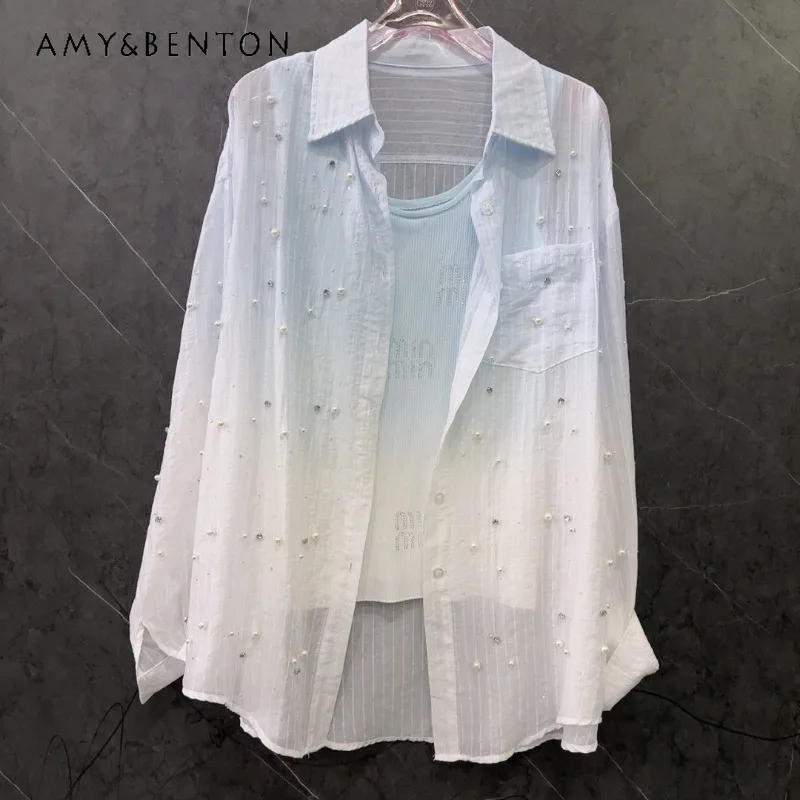 Heavy Industry Hot Diamond Pearl Chic Design Sunscreen Shirt Women's Loose Casual Versatile Thin Single-breasted Blouse Y2k Top
Heavy Industry Hot Diamond Pearl Chic Design Sunscreen Shirt Women's Loose Casual Versatile Thin Single-breasted Blouse Y2k Top