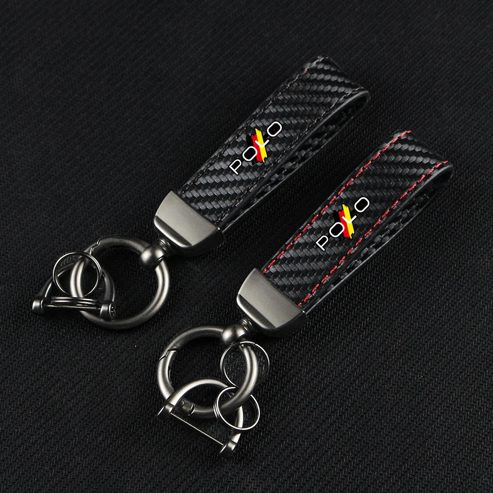 Car Key Carbon Fiber Leather Rope For POLO R32 R36 Car Keychain Key Chain Pendant Keyring Horseshoe Buckle Auto Accessories