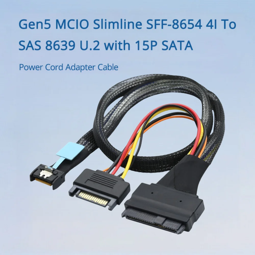 Gen5 MCIO Slimline SFF-8654 4I To SAS 8639 U.2 with 15P SATA Power Cord Adapter Cable Length Optional 0.5M 1M
Gen5 MCIO Slimline SFF-8654 4I To SAS 8639 U.2 with 15P SATA Power Cord Adapter Cable Length Optional 0.5M 1M