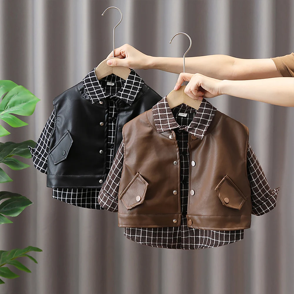 Fashion Kids Boys Plaid Shirts+Pu Leather Vest Waistcoat 2Pcs Spring Autumn Children Clothes Sets 2023 New Long Sleeve Shirt
Fashion Kids Boys Plaid Shirts+Pu Leather Vest Waistcoat 2Pcs Spring Autumn Children Clothes Sets 2023 New Long Sleeve Shirt