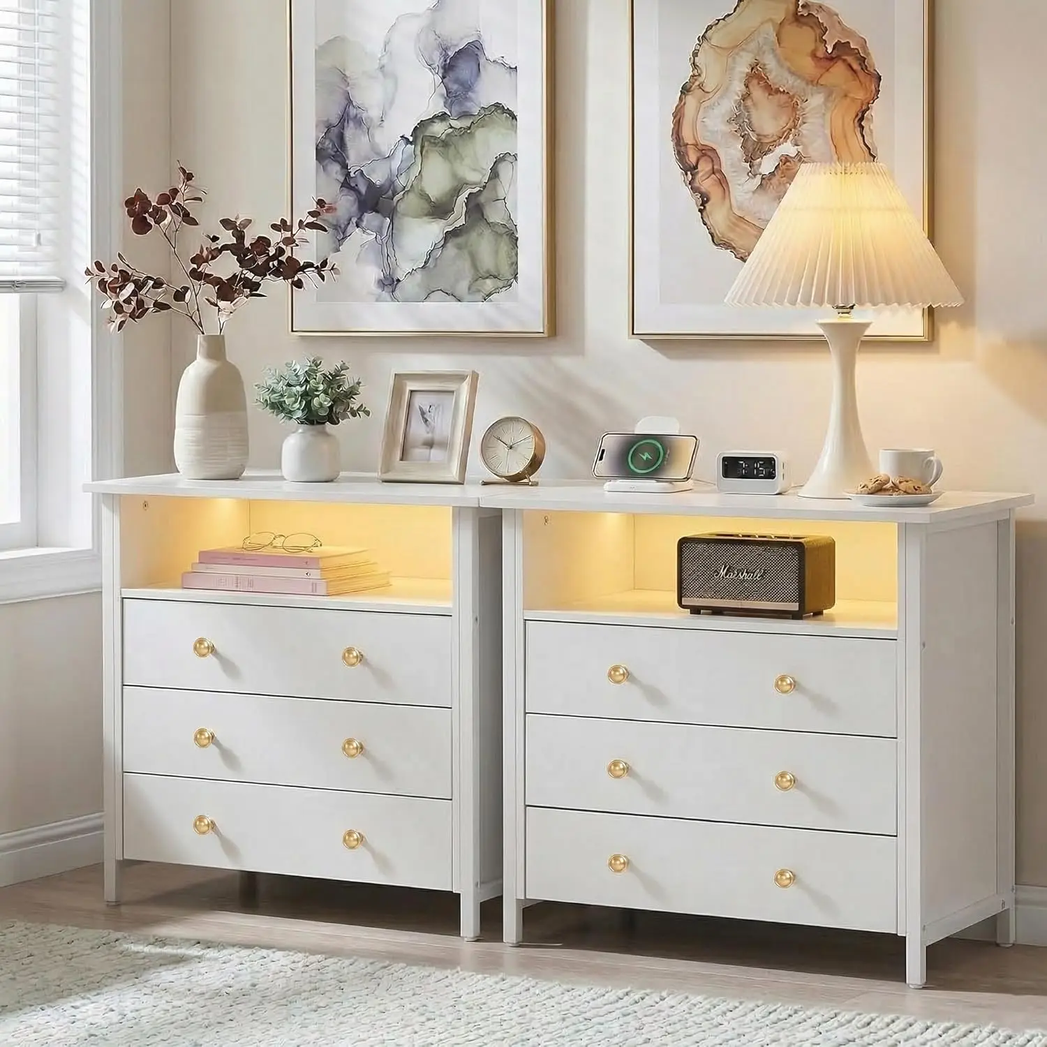 27in Nightstand Set 2 Charging Station 3 Drawers LED Open Shelf Bedroom Guest Room Office White Customized
27in Nightstand Set 2 Charging Station 3 Drawers LED Open Shelf Bedroom Guest Room Office White Customized