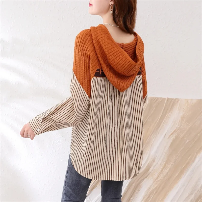 Hooded Striped Shirt Women's New 2025 Stitching Coat Spring Autumn Leisure Fashion Long Sleeve Blouse Fake Two-Piece Ladies Tops
Hooded Striped Shirt Women's New 2025 Stitching Coat Spring Autumn Leisure Fashion Long Sleeve Blouse Fake Two-Piece Ladies Tops