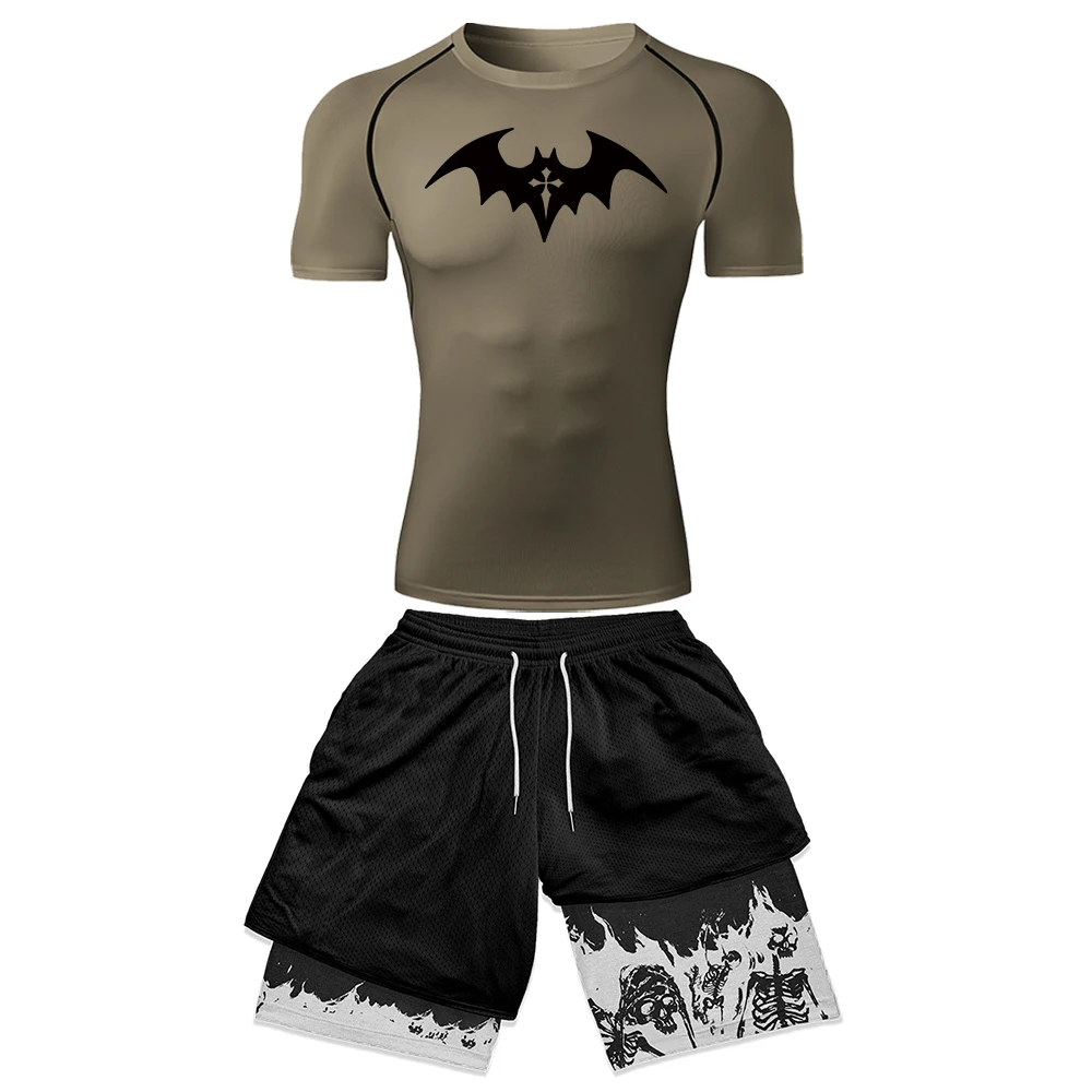 Mens Fitted Athletic Compression Short Sleeve Top + Skeleton Dual Layer Running Shorts Gothic Bat Print Fitness Workout 2PCS Set
Mens Fitted Athletic Compression Short Sleeve Top + Skeleton Dual Layer Running Shorts Gothic Bat Print Fitness Workout 2PCS Set